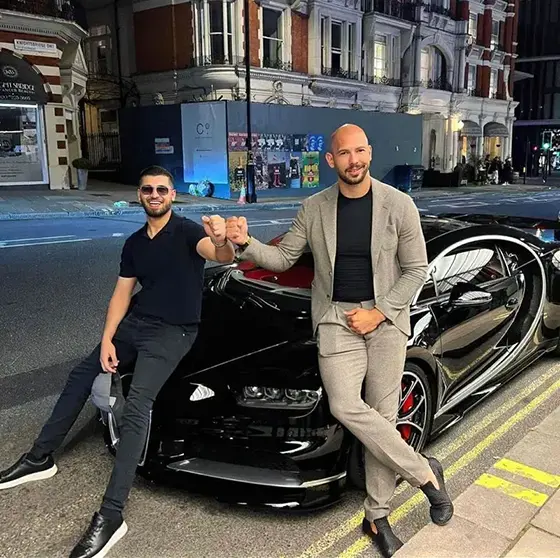 Andrew Tate with a friend and a Bugatti