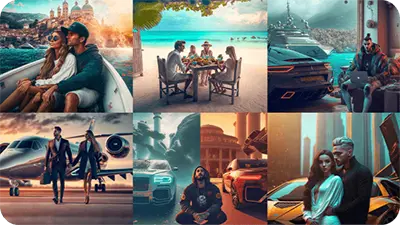 Montage of a luxury lifestyle all over the world with boats, super cars, and private planes
